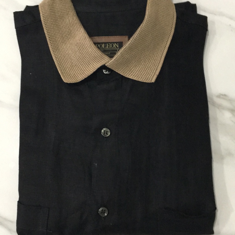 Black linen bottom down shirt with brown collar